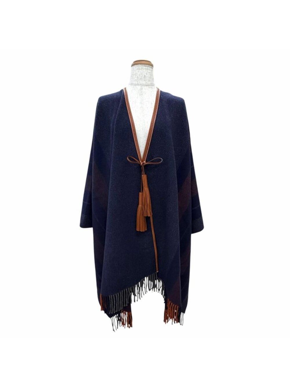 Hermes Rocabar Wool Cashmere Trimming with Tassel Fringe Cape Poncho Navy